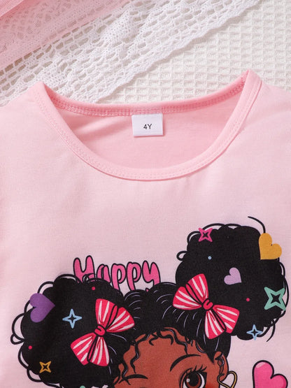 Children's Cartoon Graphic Top and Pants Set
