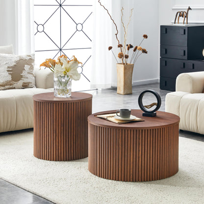 2-Piece Nesting Coffee Table Set, Roman Column MDF Round, Built-in Storage