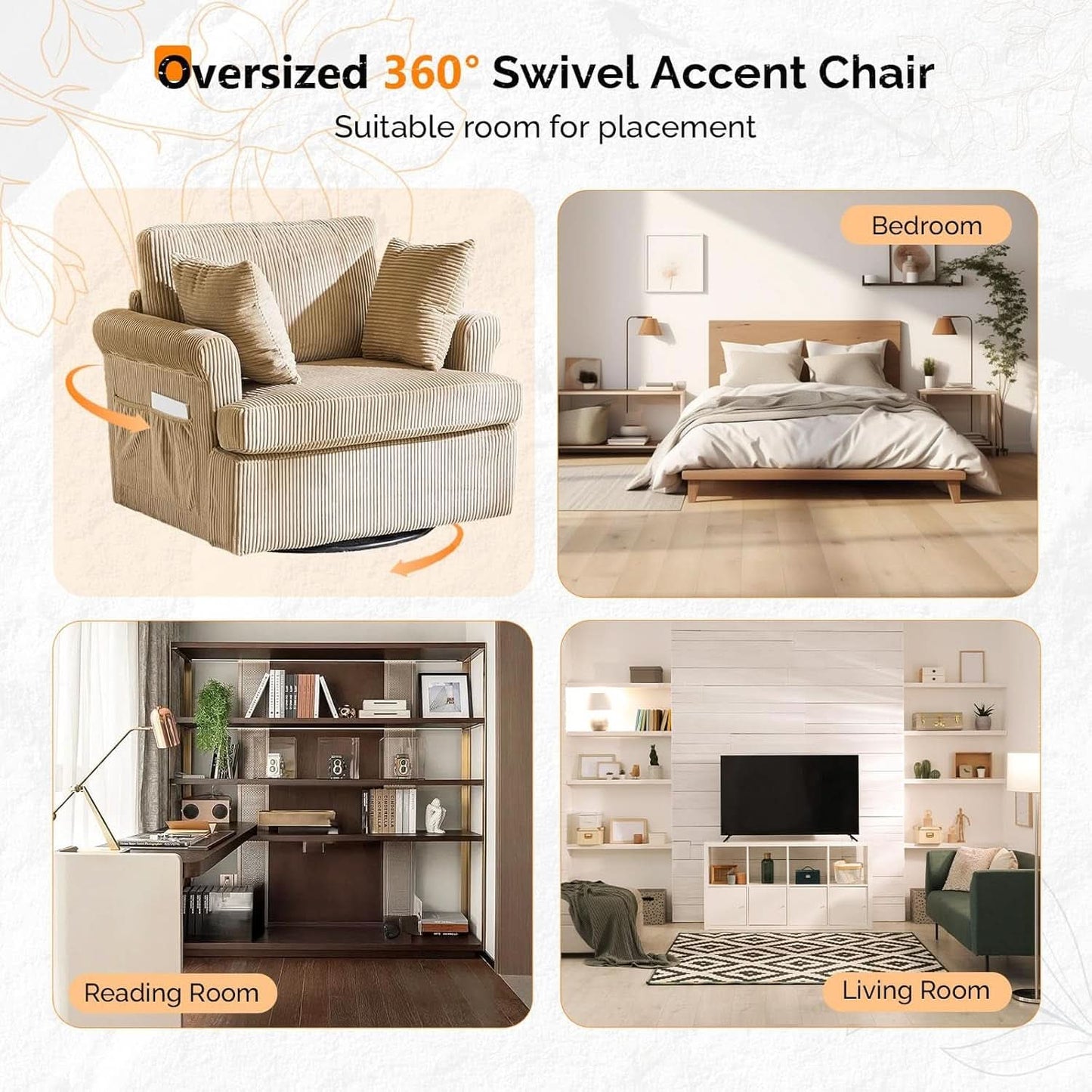 Vingl Modern 39.2Inch ExtraWide Swivel Armchair Khaki