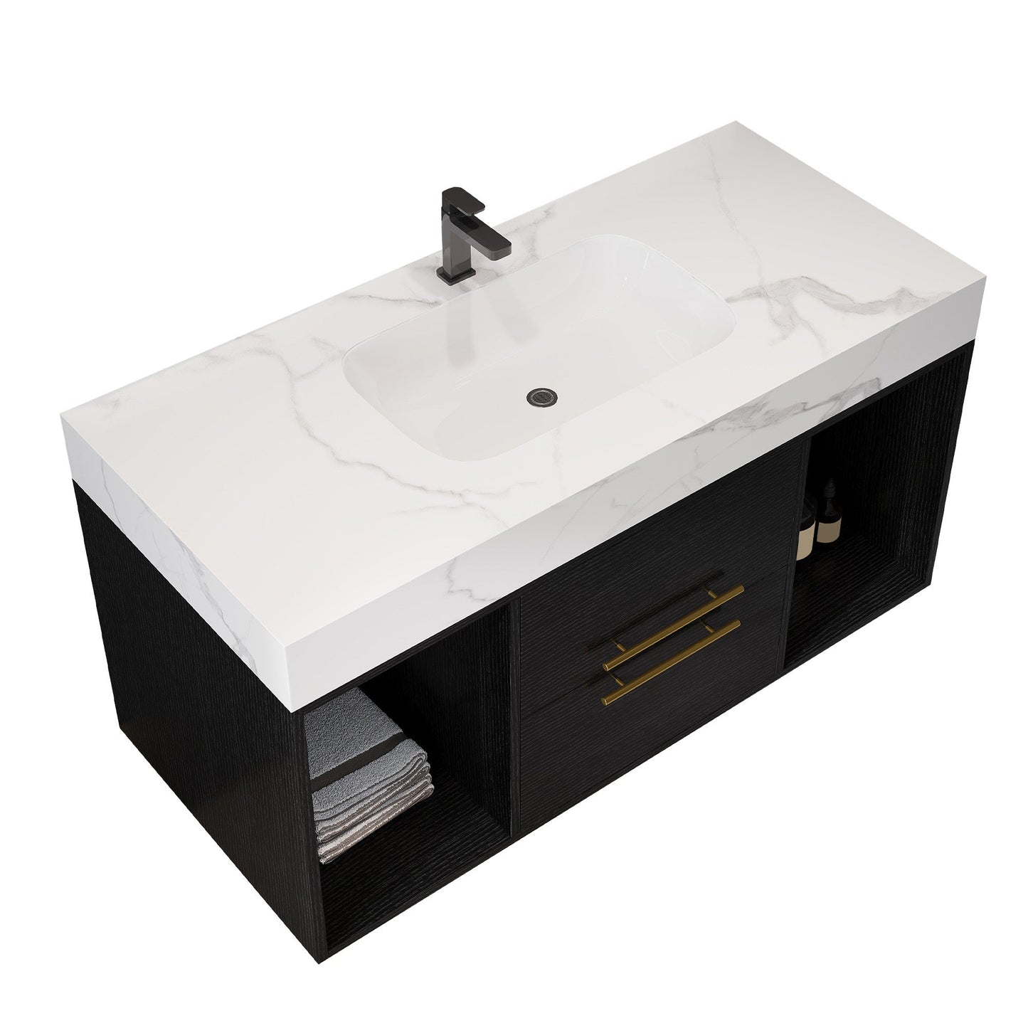 39.4' Floating Bathroom Vanity with Ceramic Sink, 2 Drawers and 2 Open Shelves
