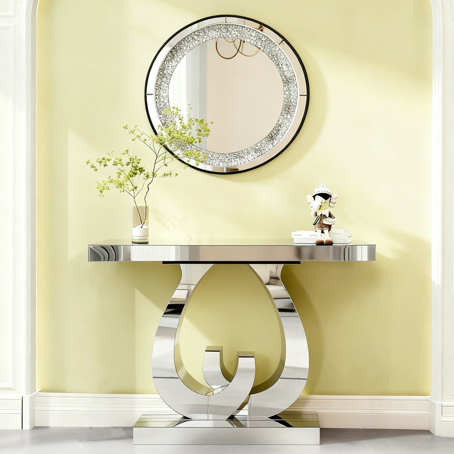 Modern Mirror Side Table, Glass, Double C-Shaped Base, Hall Table, Silver