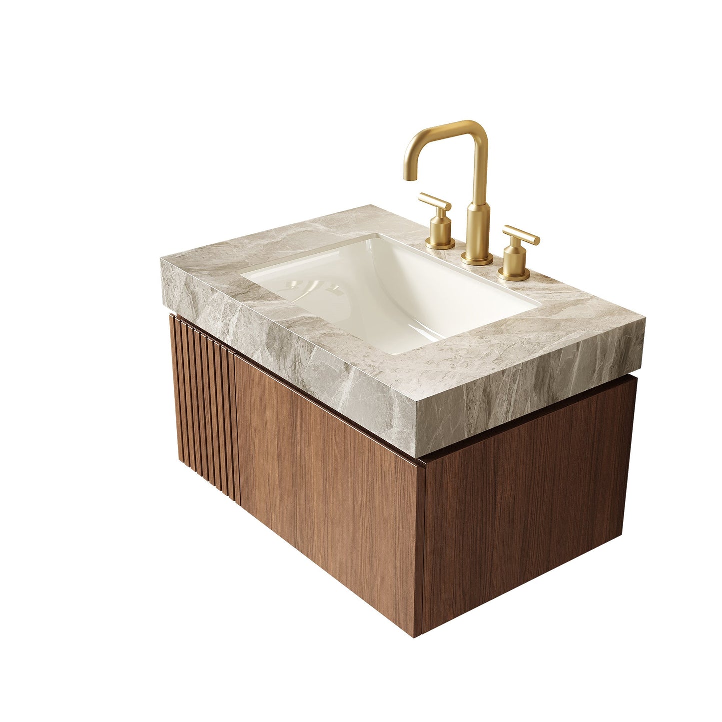 30' Floating Bathroom Vanity with Sintered Stone Top and Ceramic Basin, Brown Oak