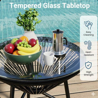 Outdoor Bistro Set PE Rattan Black Tempered Glass Table 3pc