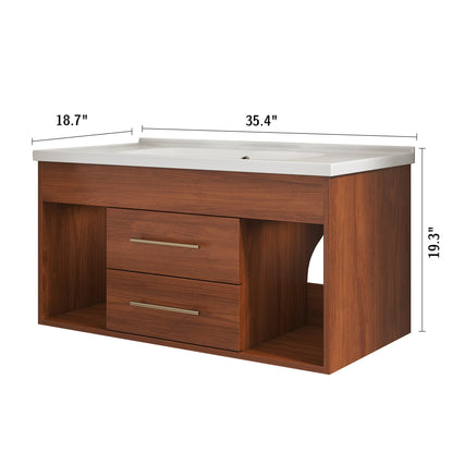 35.4' Mid-Century Floating Bathroom Vanity with Ceramic Undermount Sink