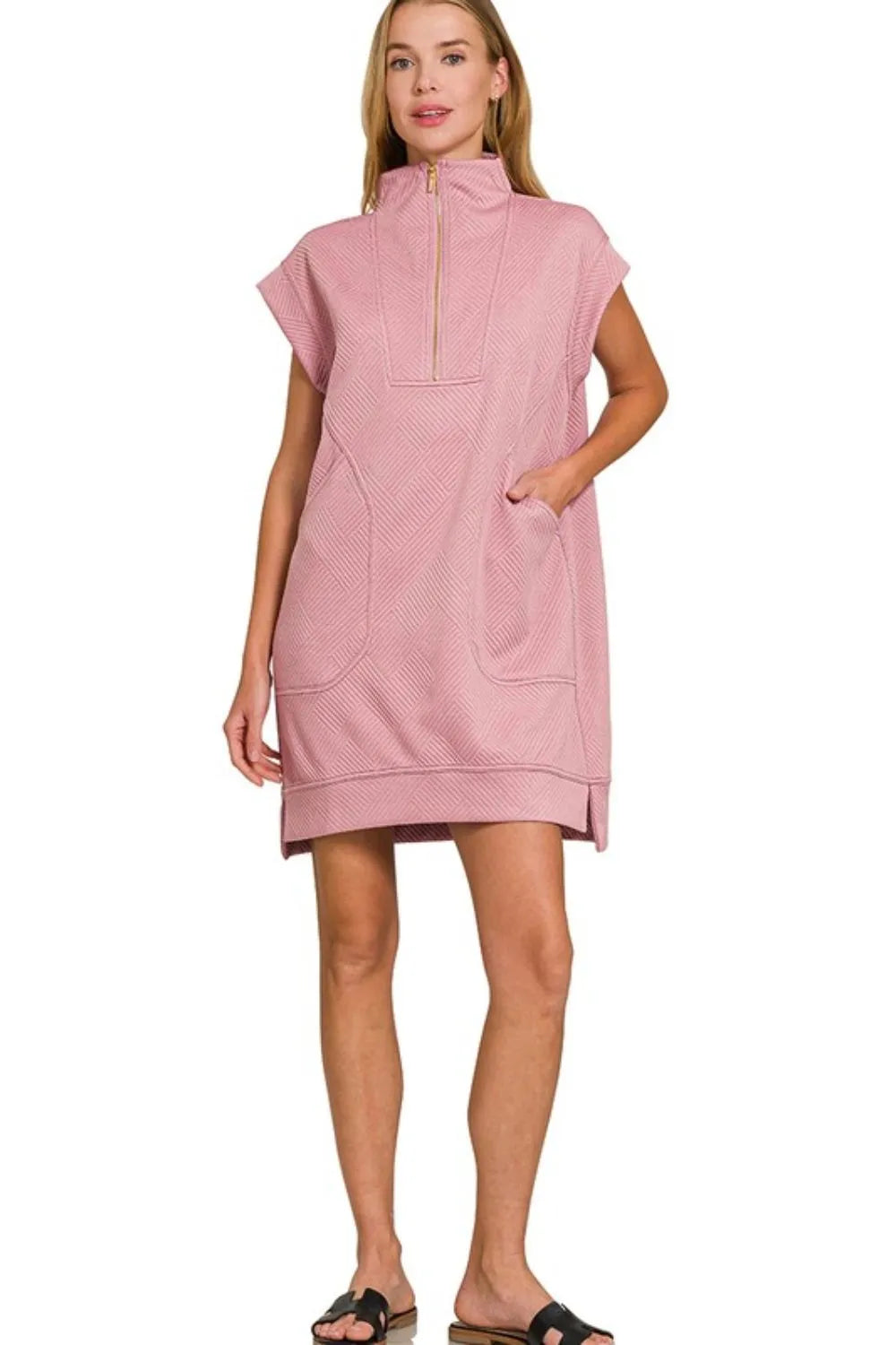 Zenana Textured Knit Jacquard Quarter Zipper Mini Dress
