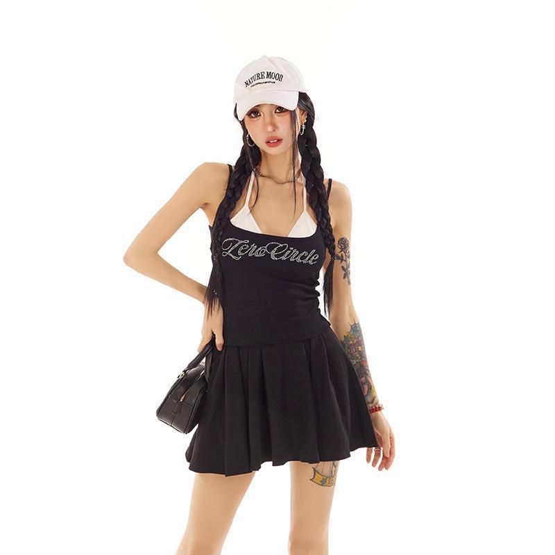 Spicy Chic Rhinestone-Embellished Camisole Tank Top Pure & Alluring Slim-Fit Short Top