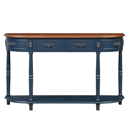 Retro Half-Moon Console Table with 2 Drawers & Open Shelf | 52" Curved Solid Wood Sofa Table — Navy Blue & Brown