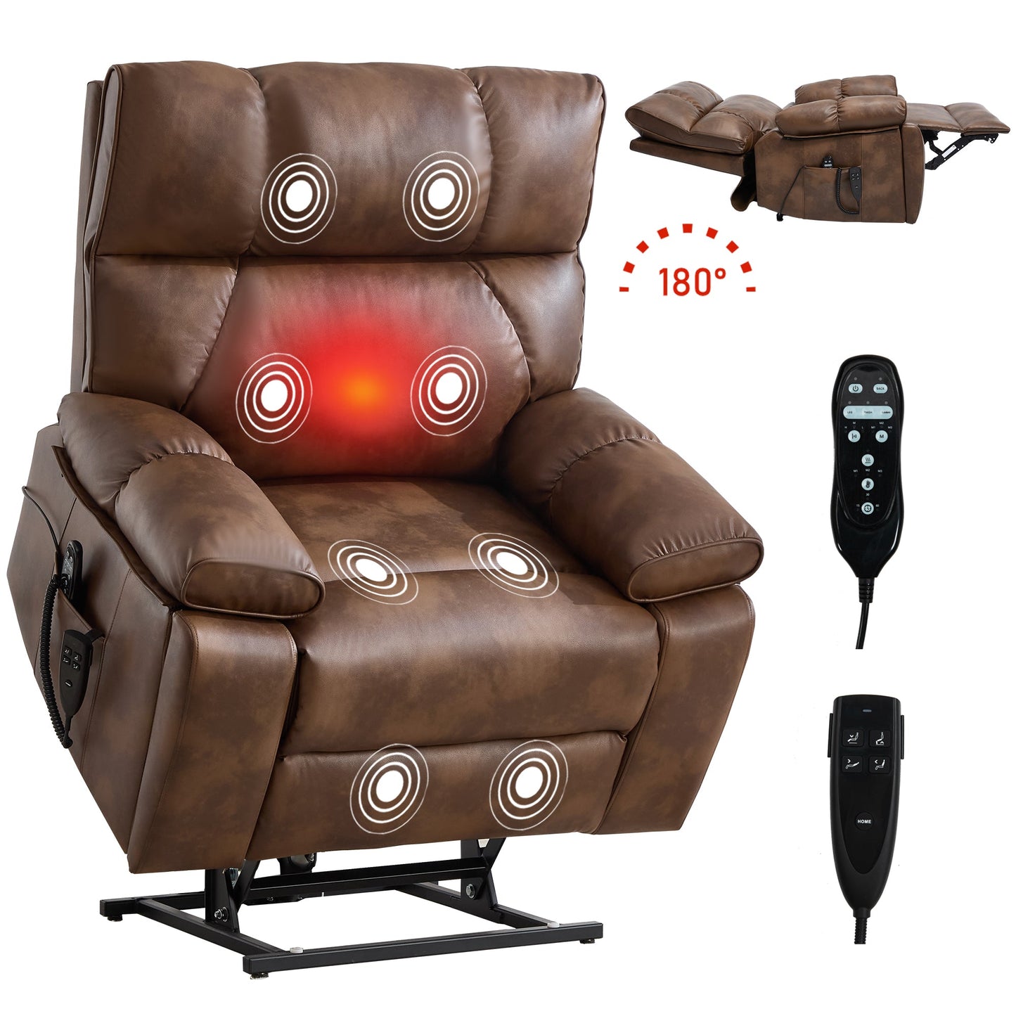 Lift Recliner Chair Power Faux Leather Brown Dual Motor Heat Massage 350 LB