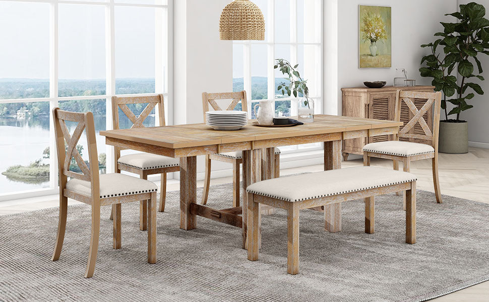 Farmhouse 82inch 6-Piece Extendable Dining Table with Footrest, 4 Upholstered
