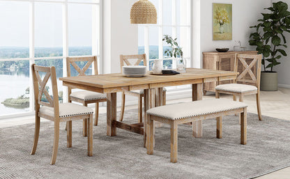 Farmhouse 82inch 6-Piece Extendable Dining Table with Footrest, 4 Upholstered