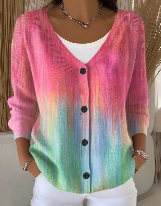 Womens Printed Knitted Sweater With Buttons Printed Cardigan