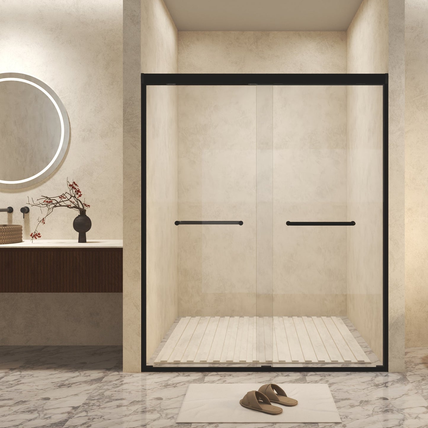 Modern Matte Black Aluminum Frame Double Sliding Shower Door, 56-60in x 72in