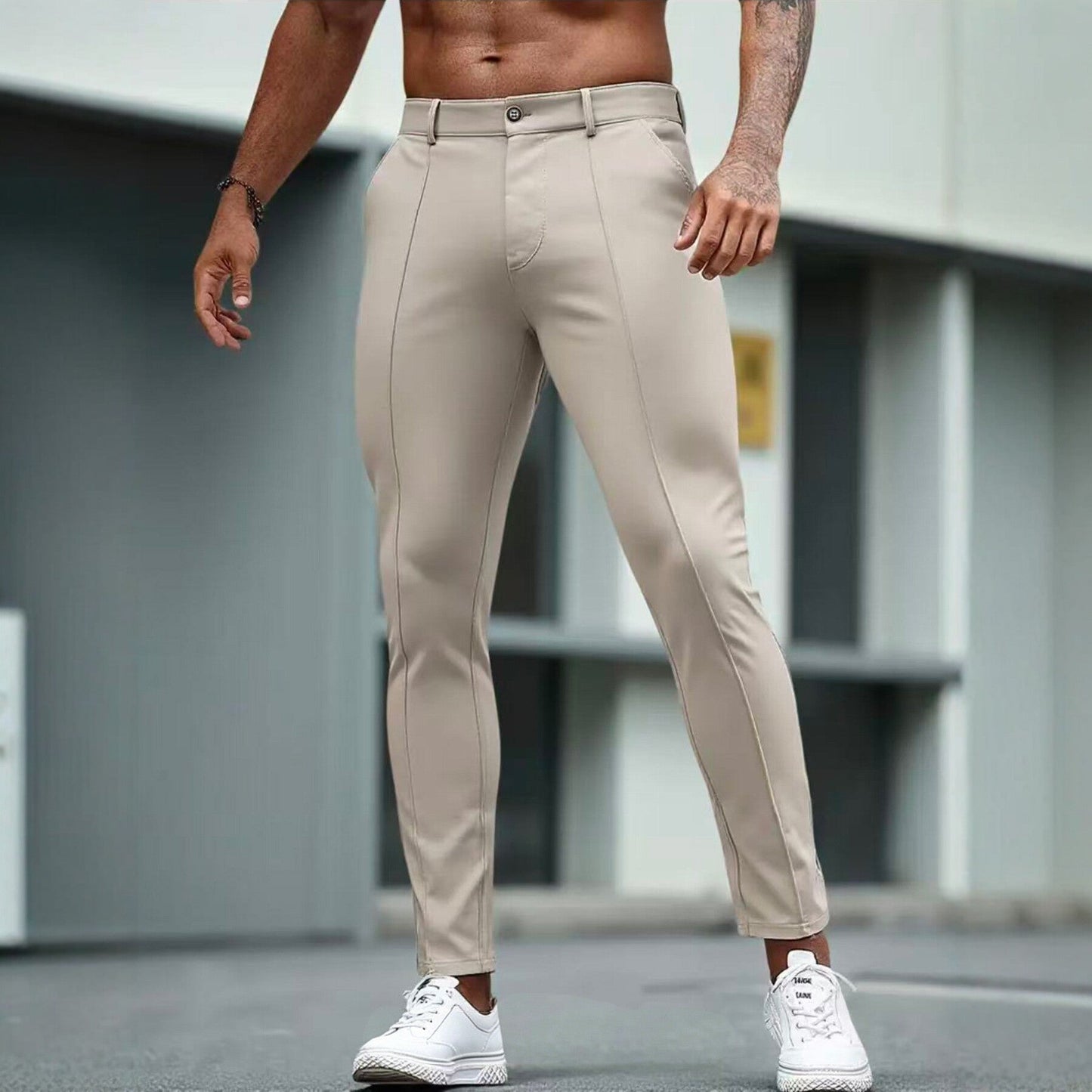 Mens Slim-Fit Solid-Color Stretch Cropped Dress Trousers