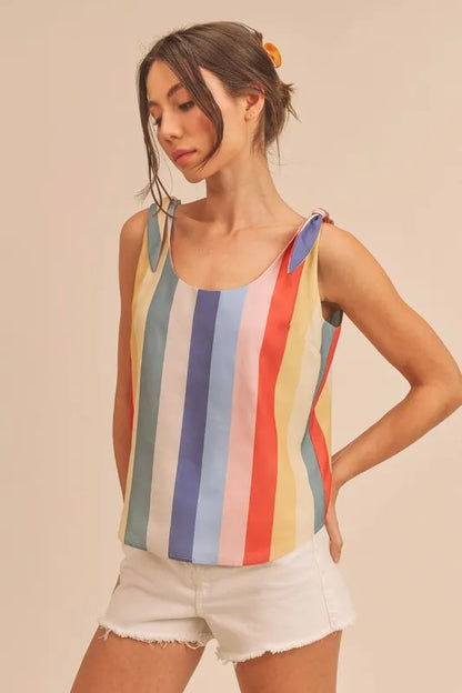 Aemi + Co Contrast Striped Scoop Neck Tie Shoulder Tank