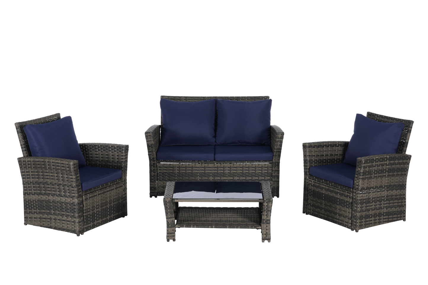 Outdoor Patio Set PE Rattan Steel Dark Blue 4 Piece Glass Seats 4