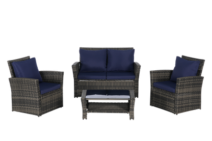 Outdoor Patio Set PE Rattan Steel Dark Blue 4 Piece Glass Seats 4