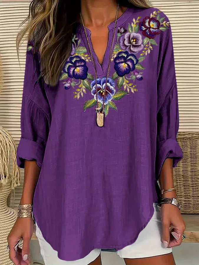 Womens Fashion Floral Print V-Neck Long-Sleeve T-Shirt