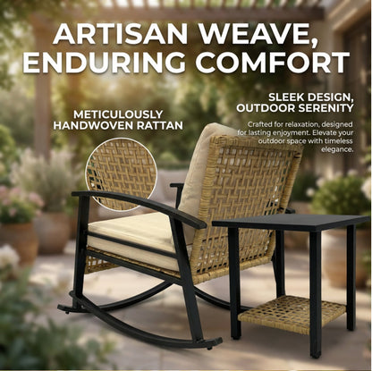 Outdoor Rocking Chair Set Iron Wicker Beige Yellow 3 Piece Table