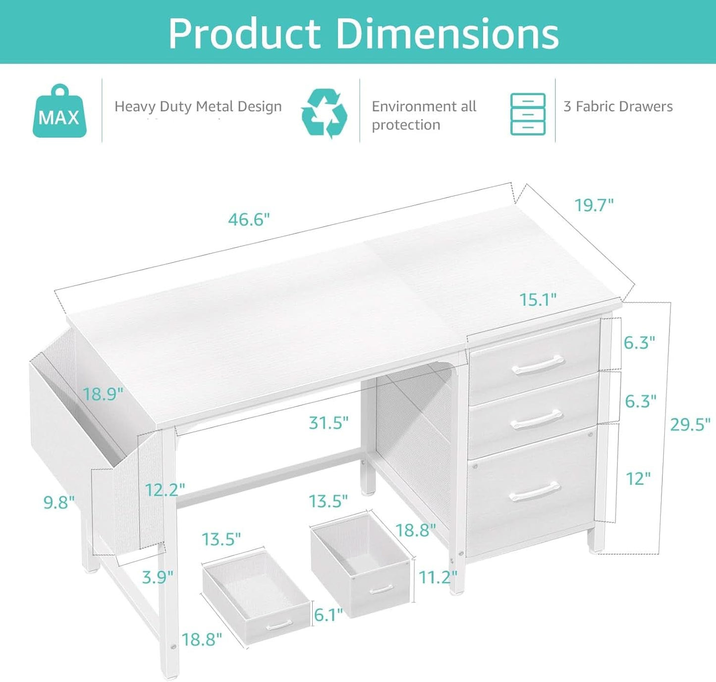 47 Inch White Computer Desk With Fabric File Drawers
