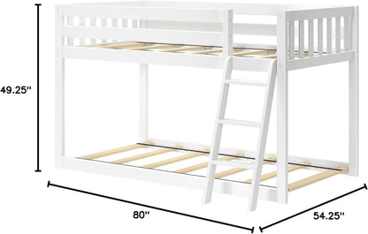 White Twin Low Bunk Bed Solid Wood Frame For Kids Safe