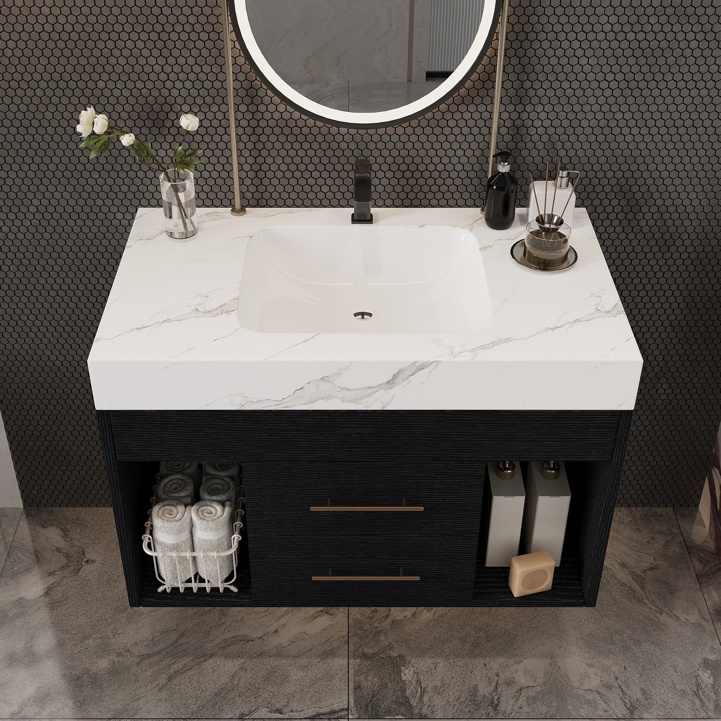 29.9' Modern Floating Bathroom Vanity with Sintered Stone Top Ceramic Undermo...