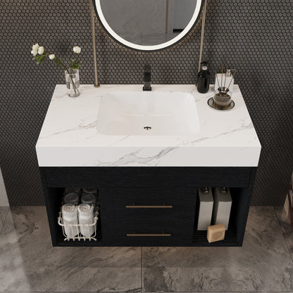 29.9' Modern Floating Bathroom Vanity with Sintered Stone Top Ceramic Undermo...