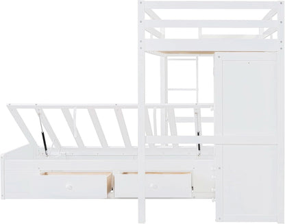White Twin Over Twin Bunk Bed With Drawers And Wardrobe