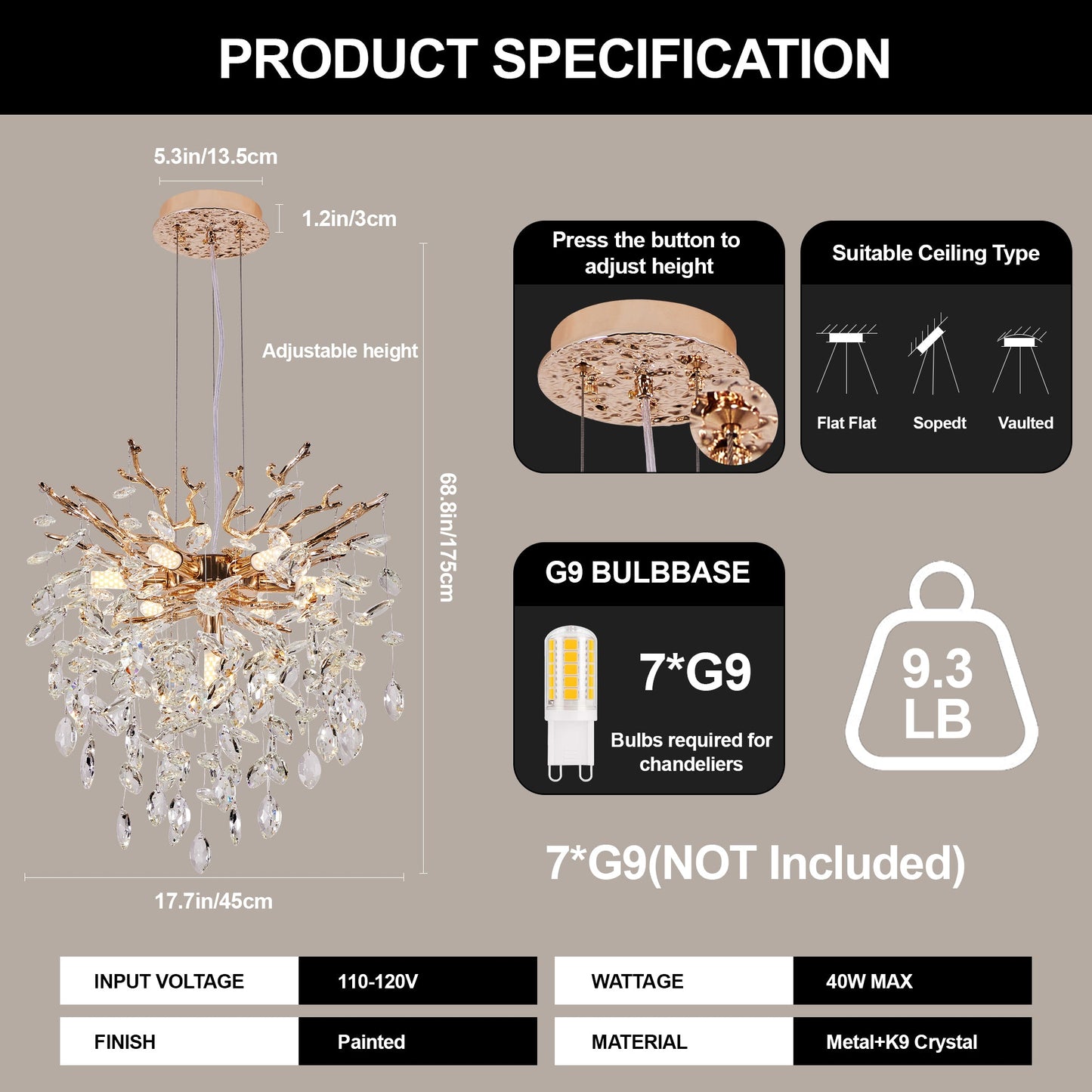 Chandelier Tree Branch Crystal Gold 7-Light Modern 18 In Living Dining