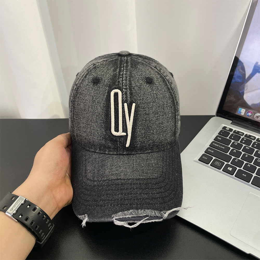 Retro Washed Distressed Denim Baseball Cap With Patch Holes And Embroidered Letter QY Soft Top Casual And Versatile Beanie