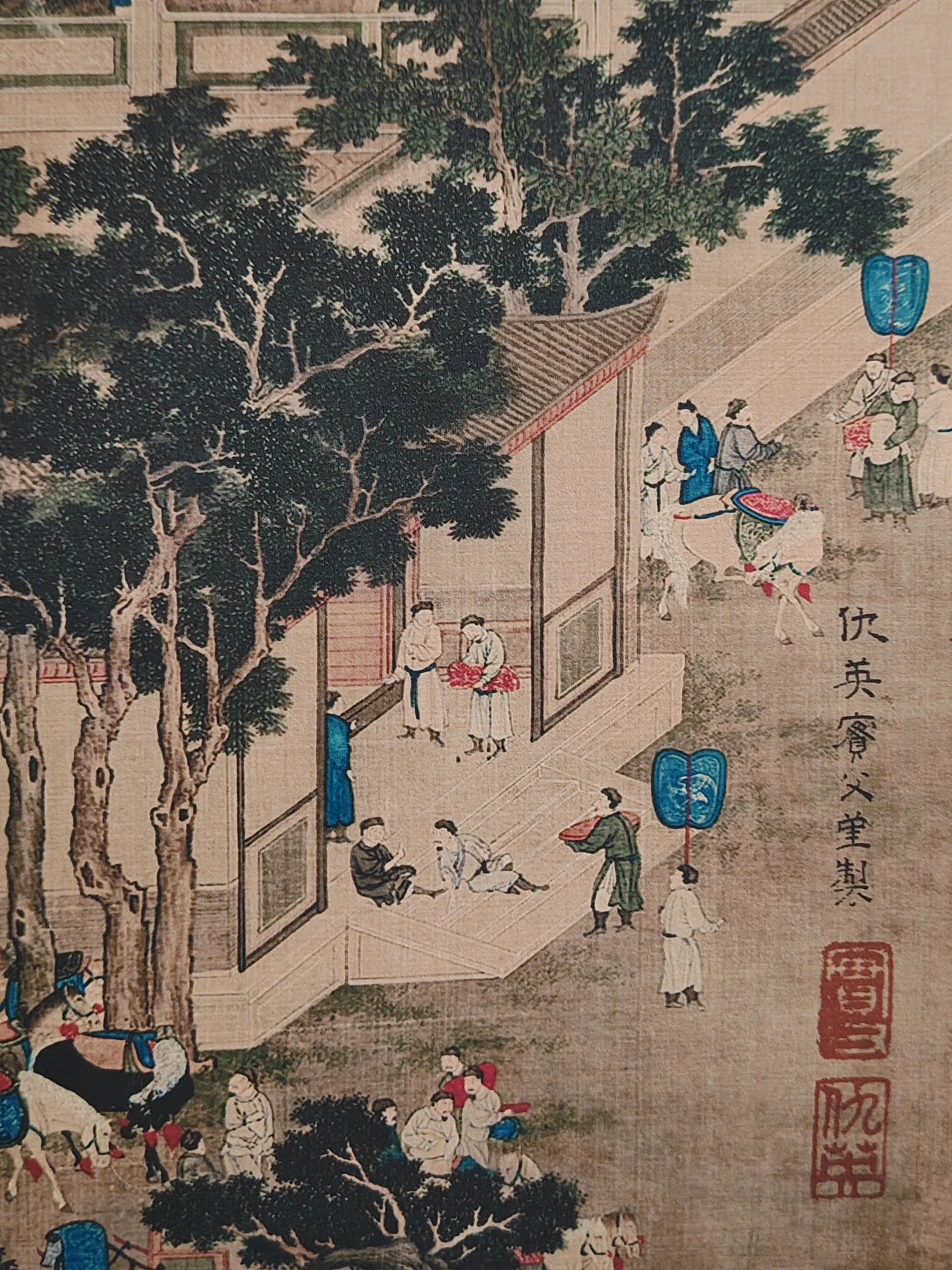 A wall scroll hanging painting of Qiu Ying's landscape on Chinese Xuan paper for the central hall decoration
