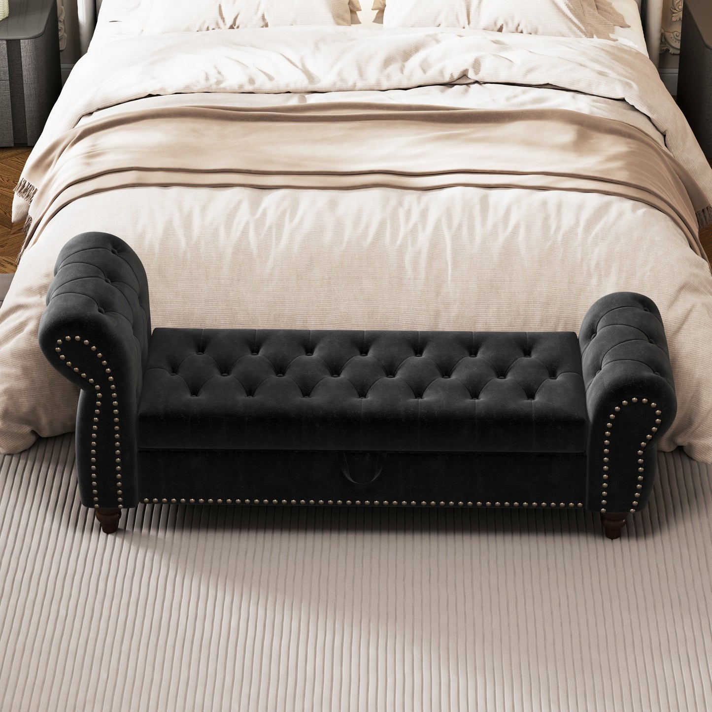 64.5 in Tufted Chaise Lounge Bench with Storage, Velvet Upholstery, Black