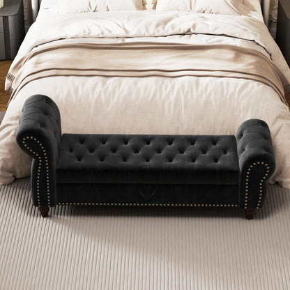 64.5 in Tufted Chaise Lounge Bench with Storage, Velvet Upholstery, Black