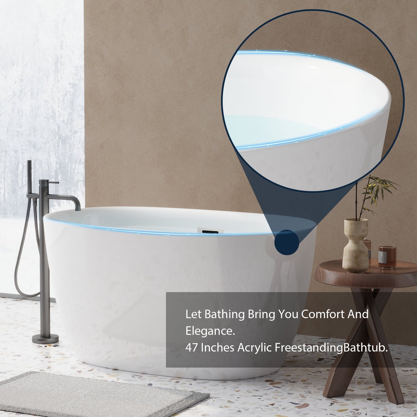 47in Gloss White Acrylic Freestanding Oval Bathtub, Chrome Overflow and Drain