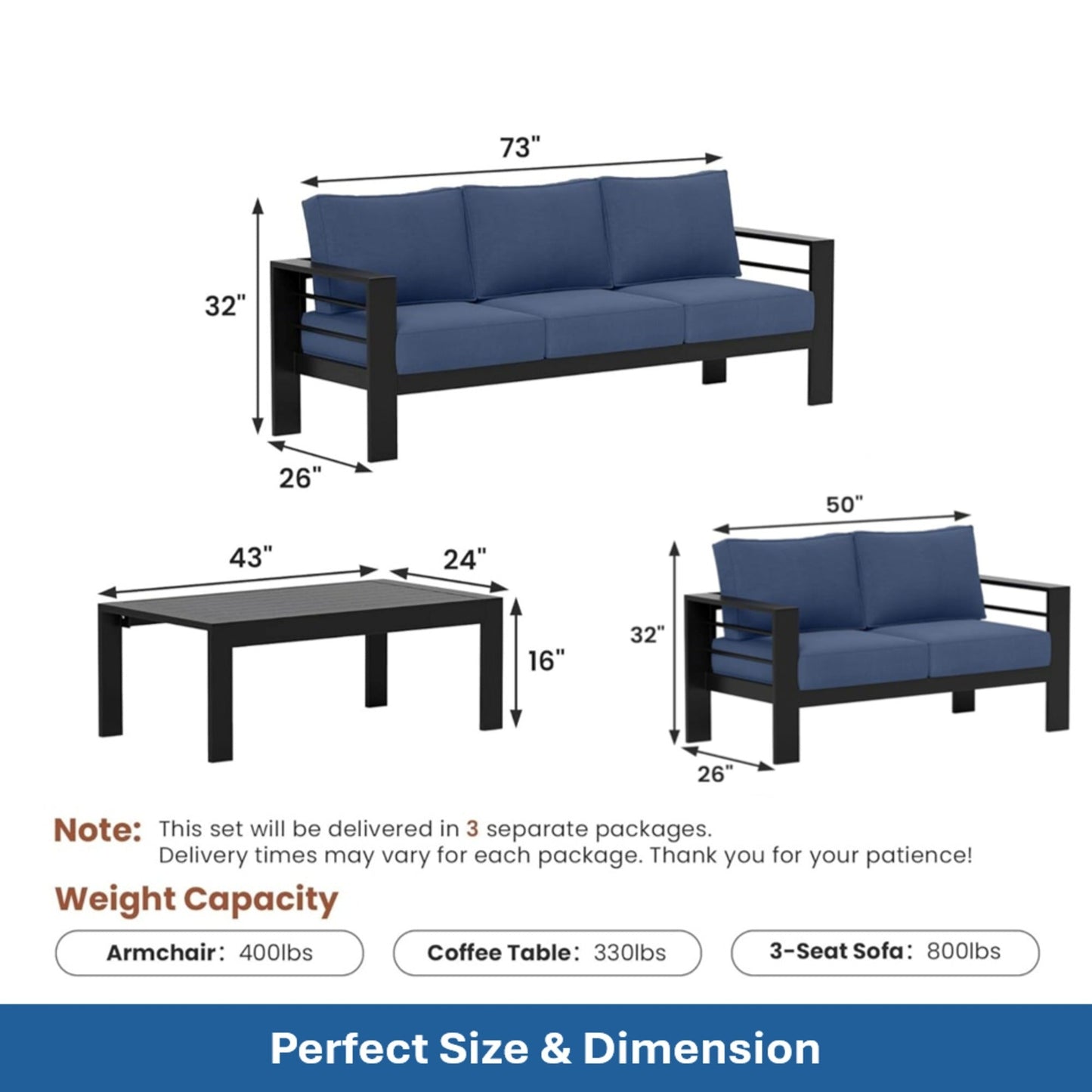 Outdoor Patio Set 3 Piece Aluminum Sofa Loveseat Black Blue