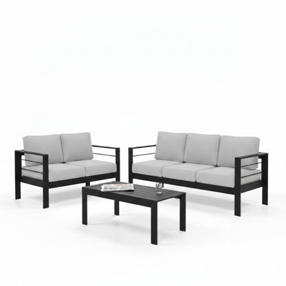 3 Piece Outdoor Patio Set Aluminum Black Gray Cushions