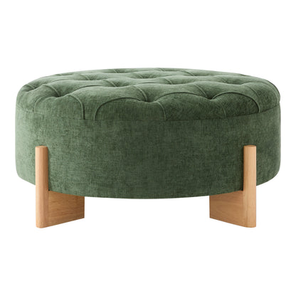 32' Round Tufted Ottoman with Solid Wood Legs, Chenille Fabric Footrest