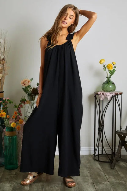 ADORA Full Size Elastic Ruffle Shoulder Jumpsuit Plus Size
