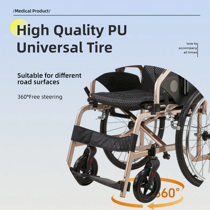 Wheelchair Manual Transport Folding Aluminum 18 In Seat 250 LB Gold Black