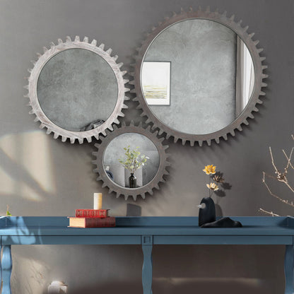 Wall Mirror Round Gear-Shape Wood Frame Dark Brown Vintage 16.5 In