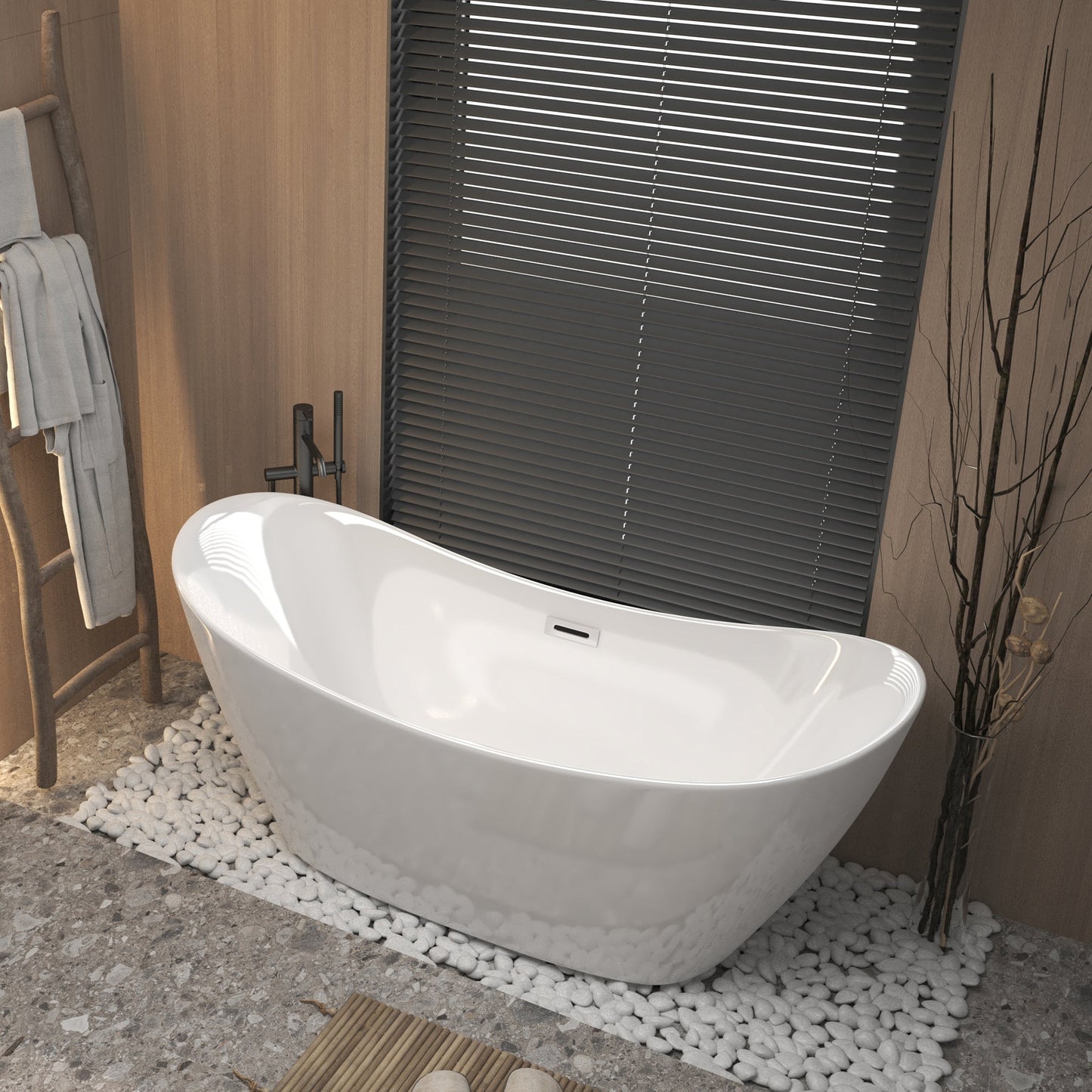 Modern Acrylic Freestanding Tub, Gloss White, Chrome Overflow and Pop-Up Drain