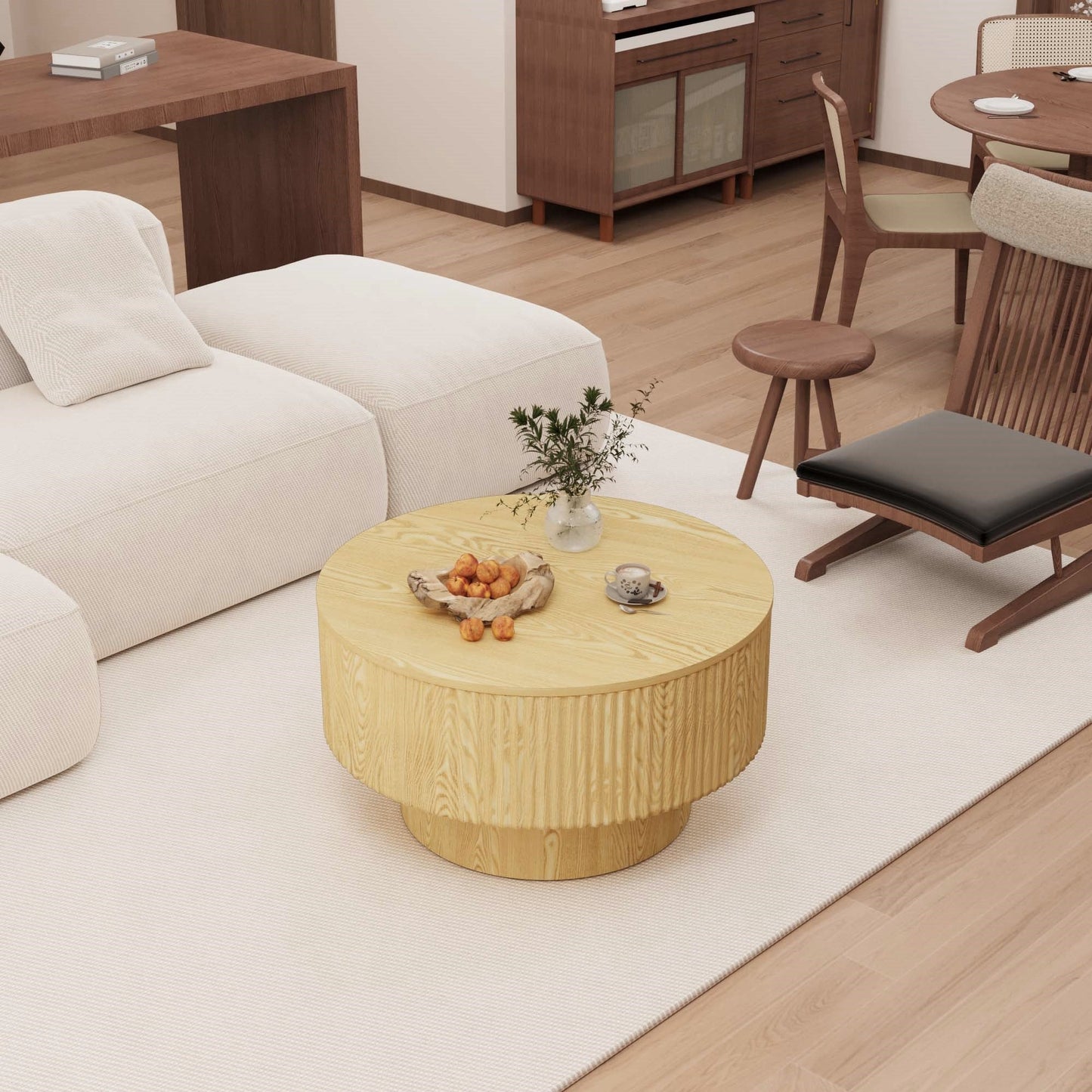 29.53 'MDF modern round coffee table and 2 PU dining chairs set, ring-striped