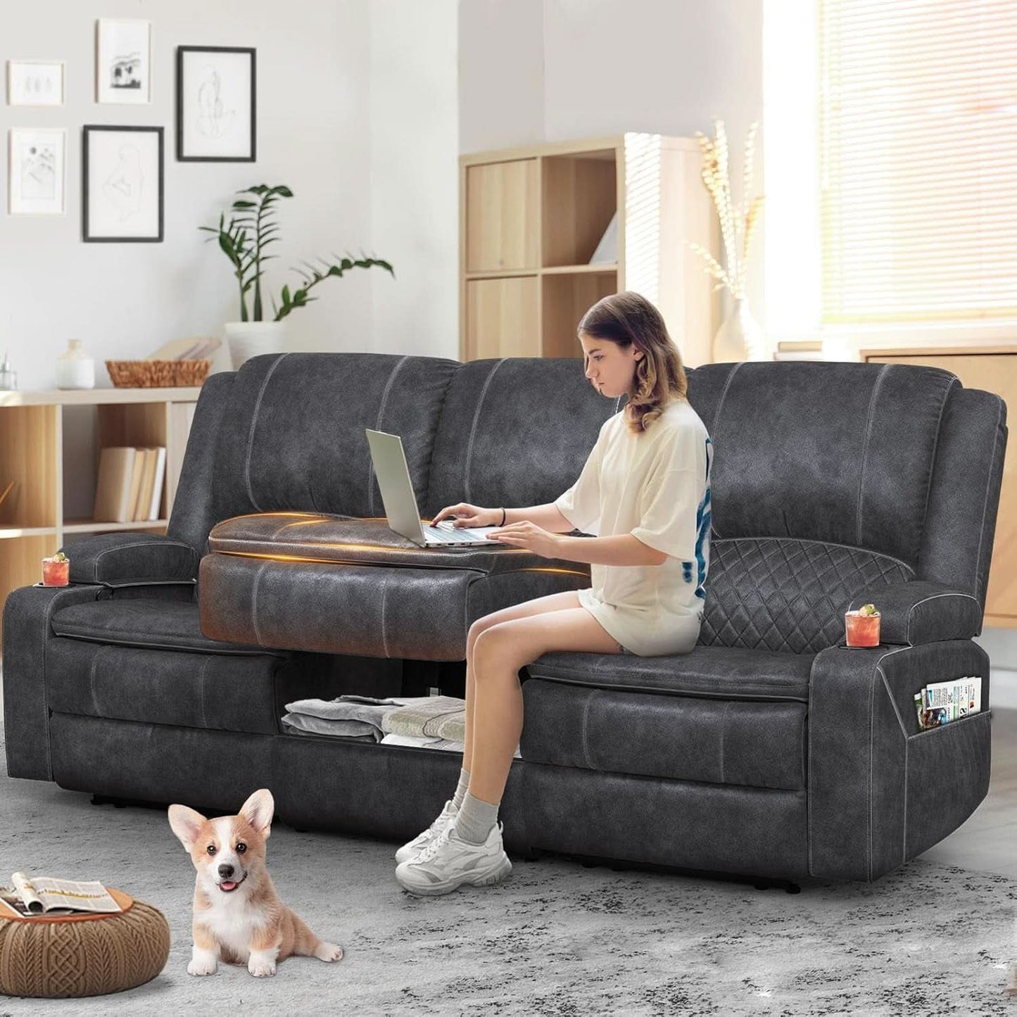 Grey Three Seater Manual Recliner Sofa Modern Living Room