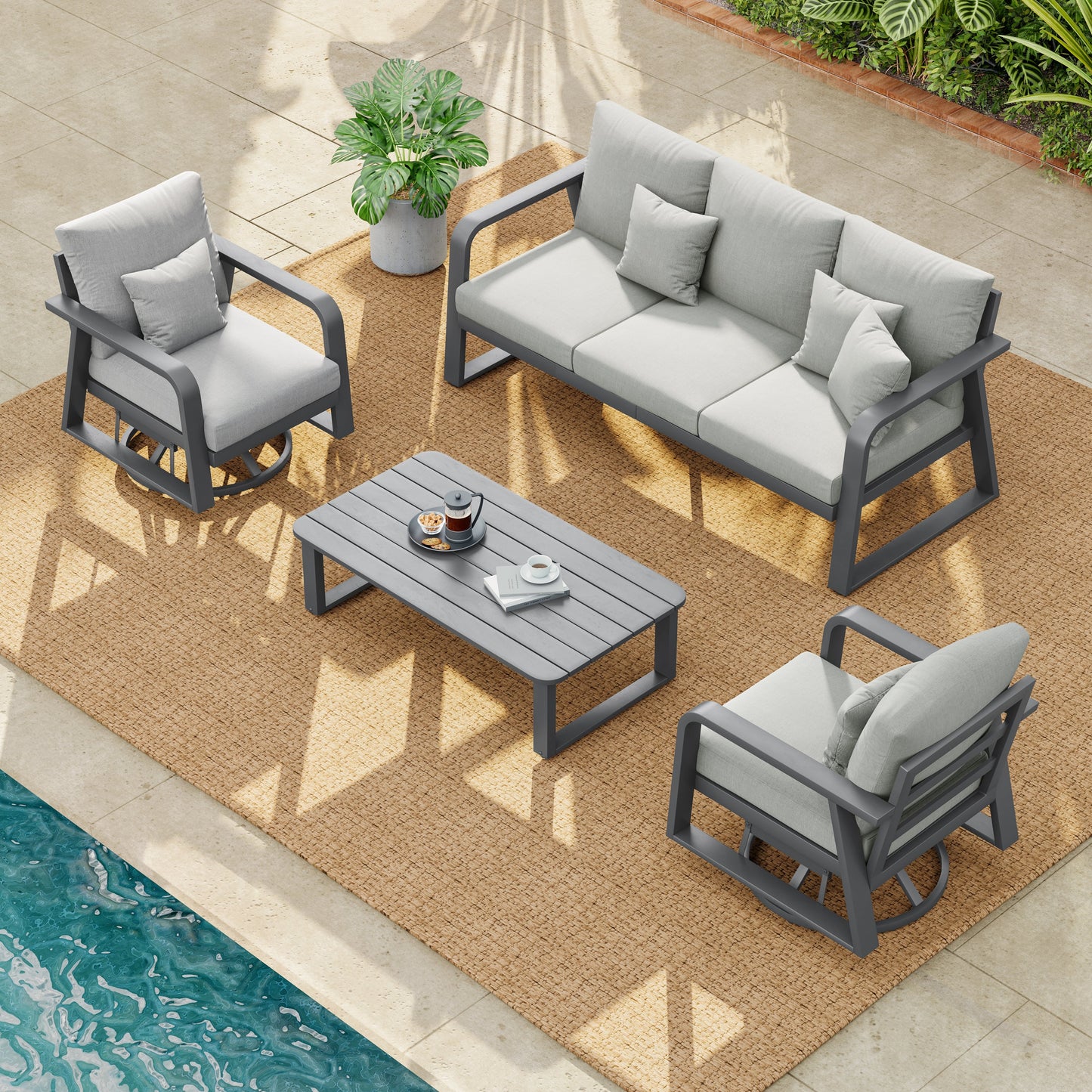 4 Piece Aluminum Patio Sofa Set Dark Gray Swivel Rocker