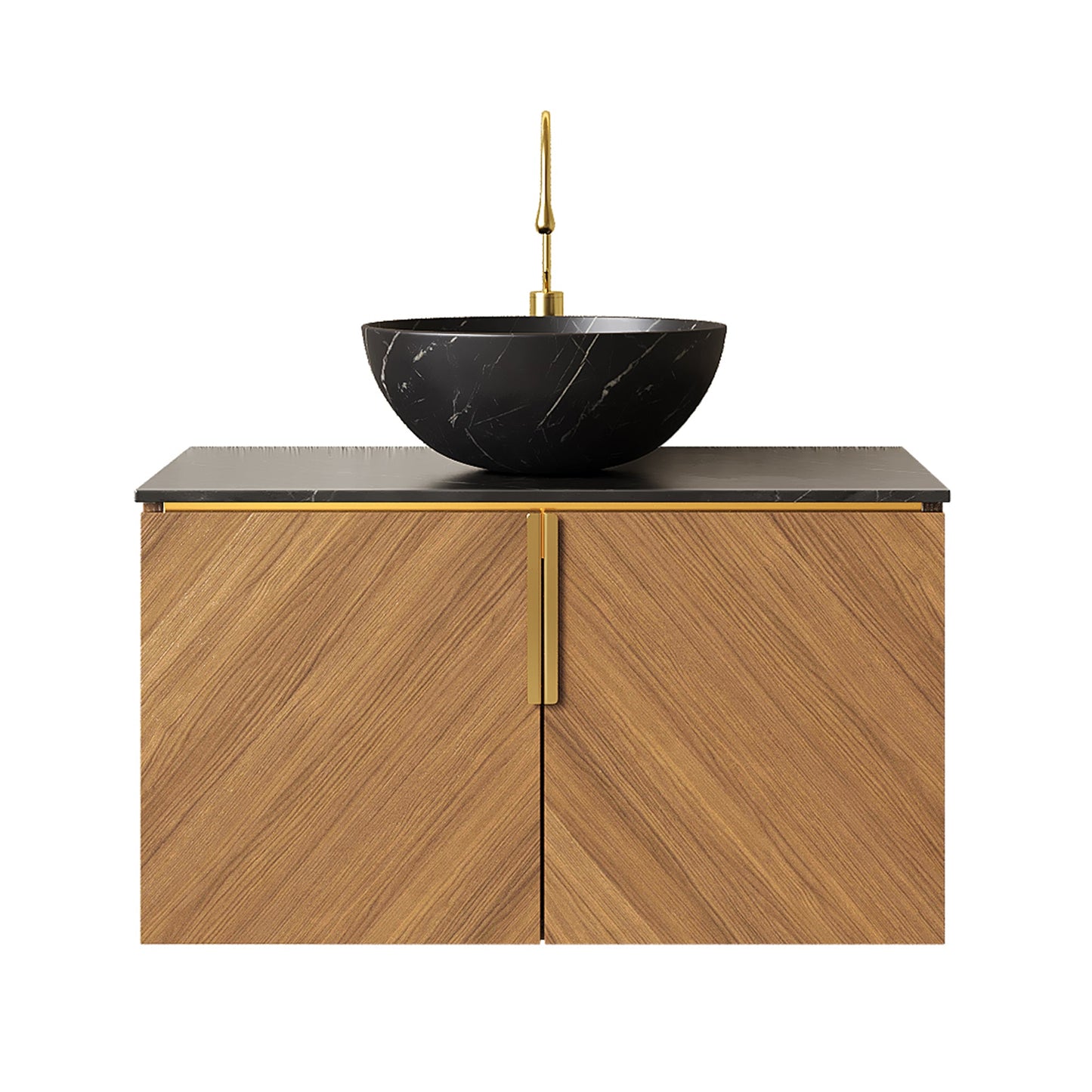30' Bathroom Vanity with Sink, Floating Plywood 2 Doors Black Stone Black Bowl Basin