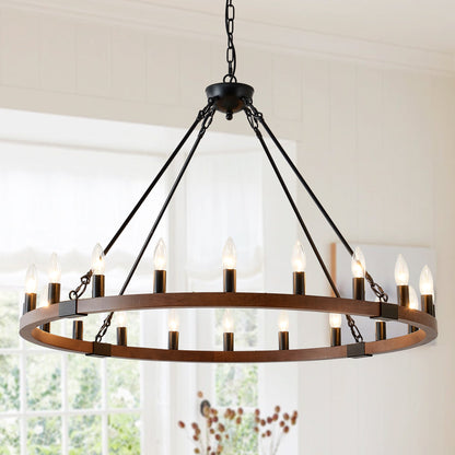 Chandelier Wood Wagon Wheel 20-Light Farmhouse Matte Black 39.3 In