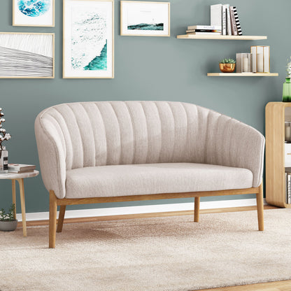 Loveseat Mid-Century Modern Channel Stitched Fabric Beige Rubberwood Legs 55 In