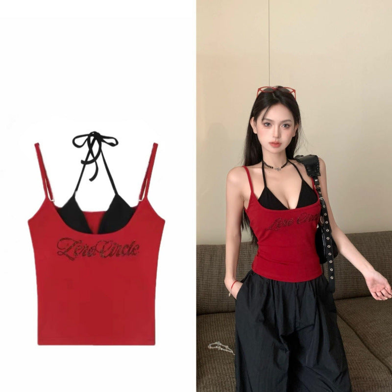 Spicy Chic Rhinestone-Embellished Camisole Tank Top Pure & Alluring Slim-Fit Short Top