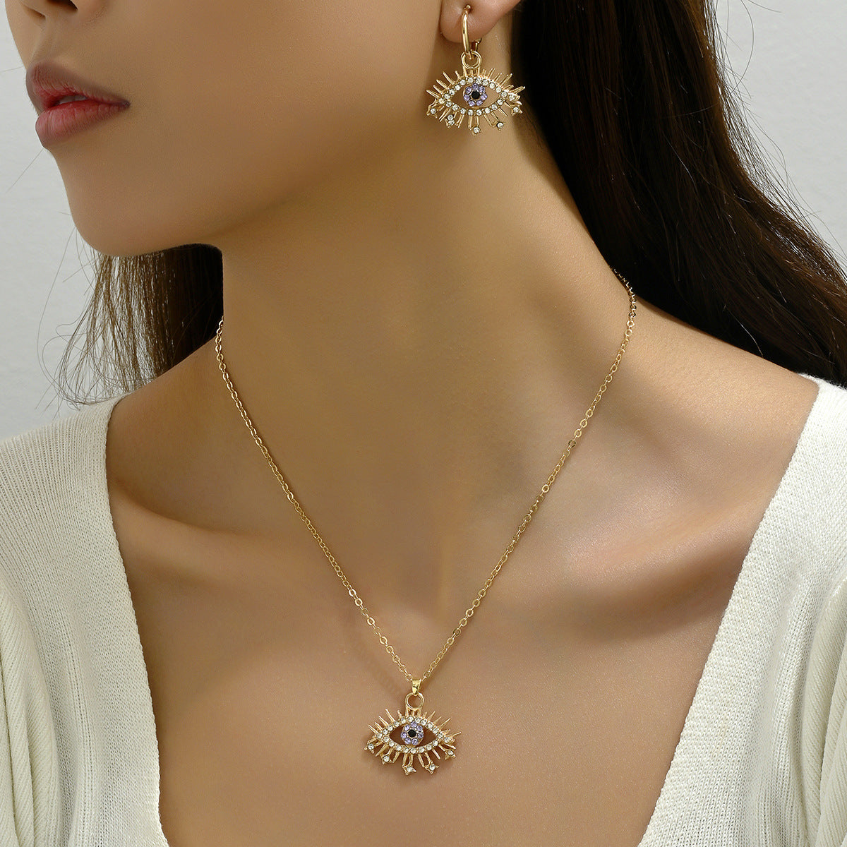 2026 New Hip Hop Women Jewelry Set, Niche Evil Eye Design Stud Earrings & Long Cubic Zirconia Inlaid Clavicle Chain