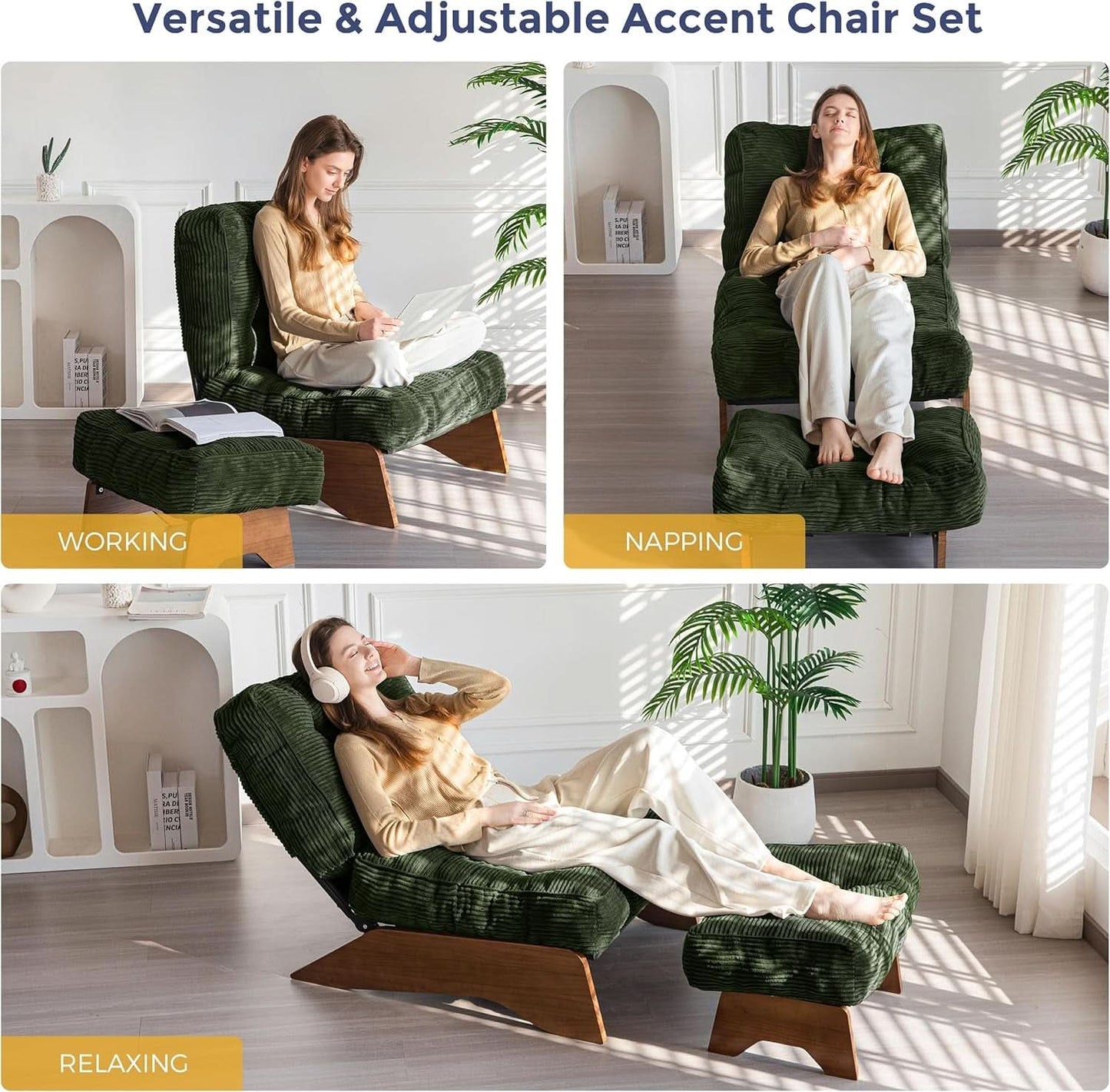 Green Adjustable Backrest Accent Chair With Ottoman