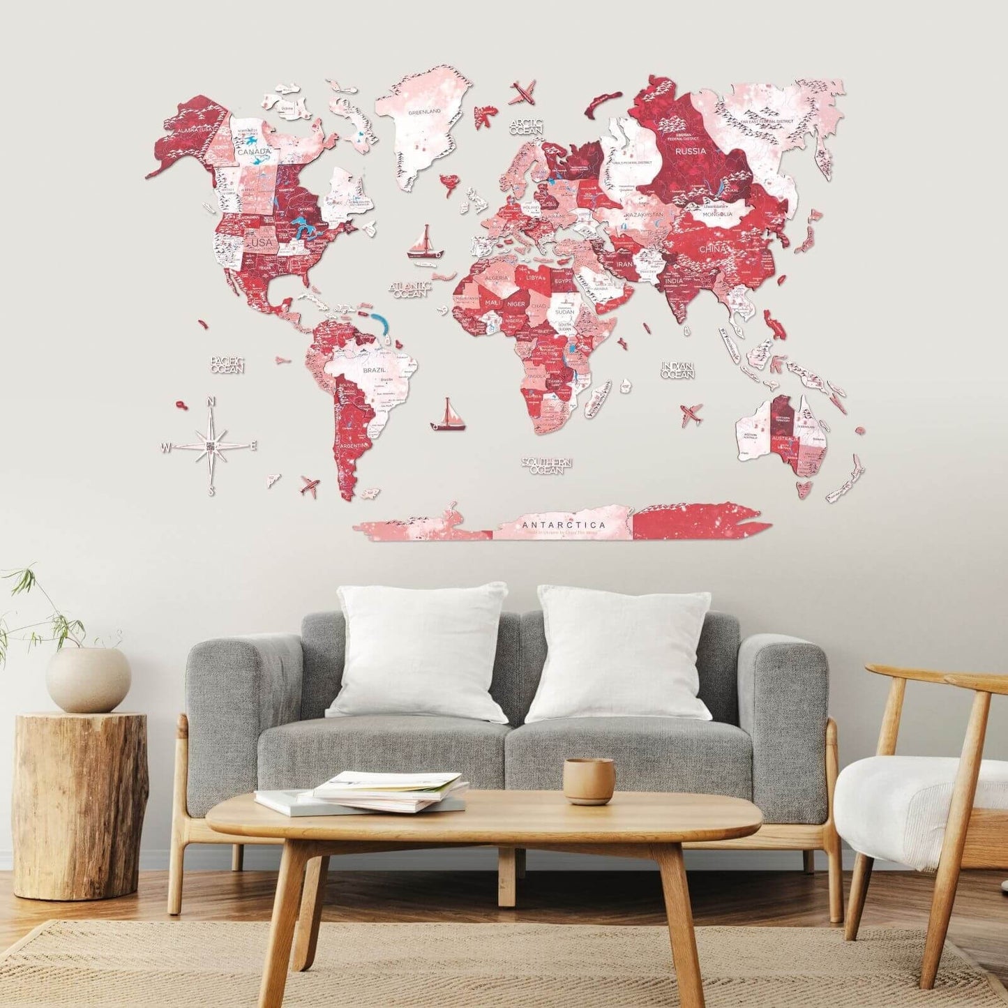 3D Wooden World Map Volcano